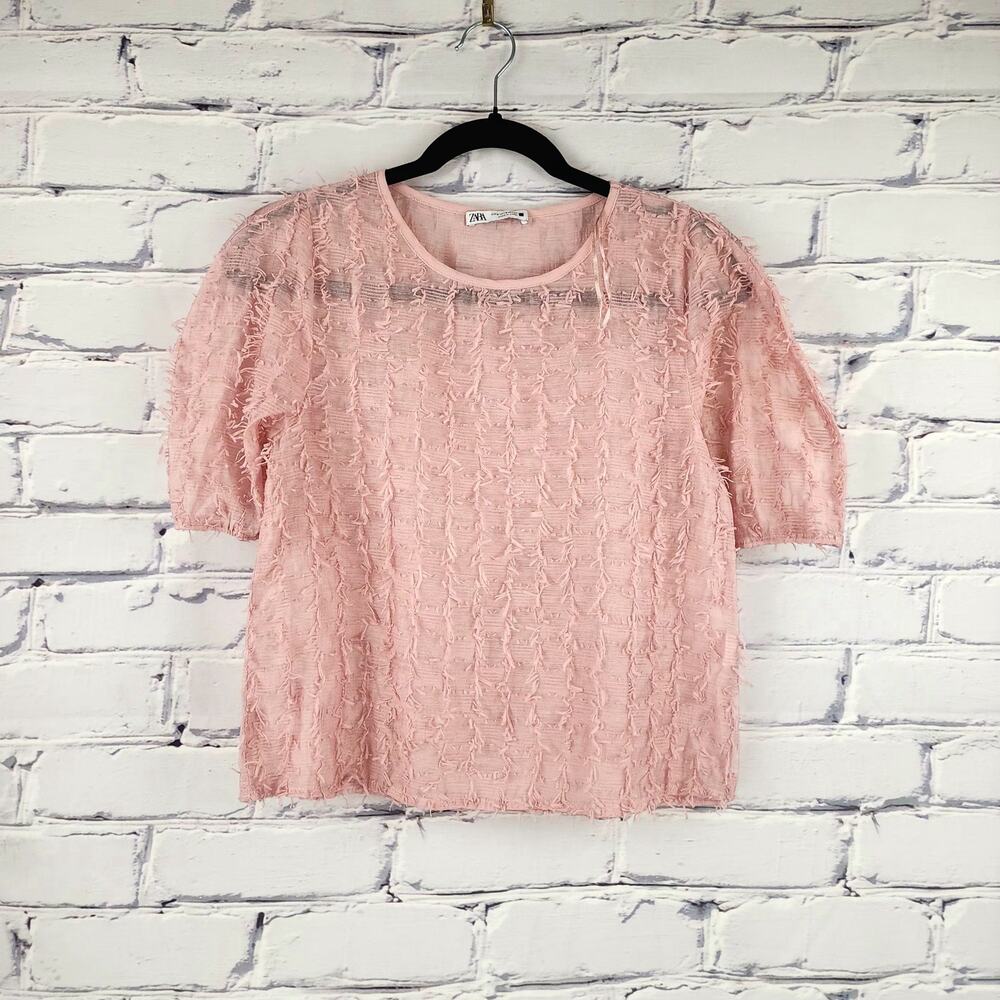 Zara Chiffon Top Womens S Pink fuzzy plush sheer Textured Balletcore cottagecore